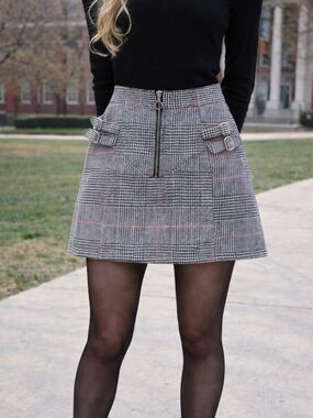 Topshop Plaid Mini Skirt Size 6 UK 10 Grey Check Buckle Zip Front
